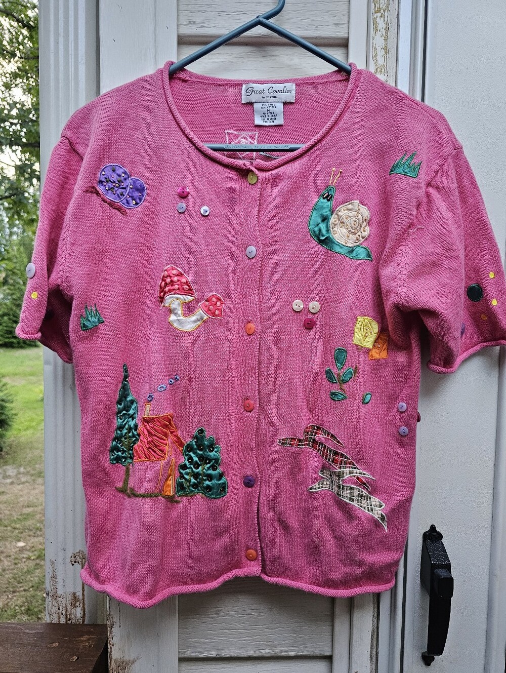 Whimsical Embellished Insect Pink Knit Sweater Short Sleeve Snail Mushroom 90s